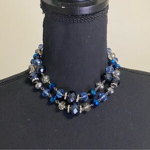 Crown Trifari double strand light to dark blue faceted glass beaded necklace 18”